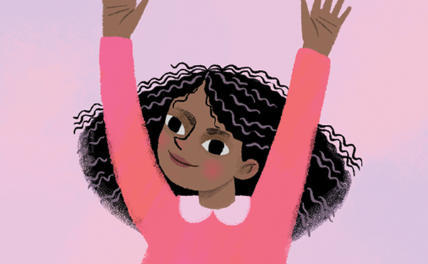 Geïllustreerde tekening van een klein meisje met bruin haar in een roze jurk dat uit een bloem komt.